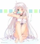  1girl anceril_sacred barefoot blush dress green_eyes long_hair looking_at_viewer mishima_kurone mouth_hold one_eye_closed original popsicle sitting solo white_hair 