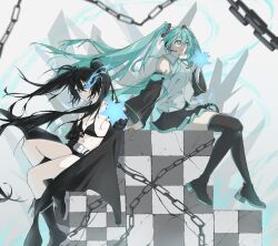  2girls aqua_eyes aqua_hair bare_shoulders belt bikini bikini_top_only black_bikini black_footwear black_hair black_rock_shooter black_rock_shooter_(character) black_shorts black_skirt blue_eyes blue_hair blue_necktie boots chain detached_sleeves flaming_eye floating_hair hair_between_eyes hair_ornament hatsune_miku headphones highres invisible_chair long_hair midriff multiple_girls navel necktie no_shirt pleated_skirt reaching rubysour shirt shorts sitting skirt smile star_(symbol) swimsuit thigh_boots twintails very_long_hair vocaloid white_belt white_shirt 