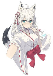  1girl absurdres ahoge alternate_costume animal_ear_fluff animal_ears aqua_eyes artist_name blush closed_mouth cropped_torso dated earrings extra_ears fox_ears fox_girl fox_tail frown haekel hair_between_eyes hand_up highres hololive japanese_clothes jewelry kosode long_hair looking_at_viewer miko pentagram shirakami_fubuki sidelocks simple_background single_earring solo tail v virtual_youtuber white_background 