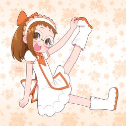  1girl :d boots bow brown_eyes brown_hair dress fujiwara_hazuki glasses hair_bow highres loli long_hair magical_girl ojamajo_doremi pinkbunnyjuice smile 