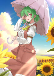  1girl absurdres ascot blue_sky clouds collared_shirt commentary_request field flower flower_field green_hair hand_in_own_hair highres holding holding_umbrella juliet_sleeves kazami_yuuka kuraki long_sleeves looking_at_viewer open_mouth outdoors parasol pink_umbrella puffy_sleeves red_eyes red_skirt red_vest shirt short_hair skirt sky solo sunflower touhou umbrella vest white_shirt yellow_ascot 