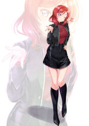  1girl absurdres black_footwear black_jacket black_skirt blowing_kiss blush boots breasts commentary commission diamond_necklace full_body hand_on_own_hip heart heart_of_string highres iroenpitsu_xxx jacket jewelry knee_boots leather leather_jacket leather_skirt long_sleeves looking_at_viewer love_live! love_live!_school_idol_project medium_breasts miniskirt necklace nishikino_maki open_clothes open_jacket red_sweater redhead signature skeb_commission skirt solo sweater violet_eyes white_background zoom_layer 