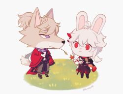  2boys :3 animal animal_crossing animal_crossing_(style) animal_ears antenna_hair armor artist_name asymmetrical_sleeves black_kimono black_sash black_scarf blonde_hair brown_ribbon brown_shorts cat closed_mouth coat commentary crossed_bangs english_commentary furry furry_male genshin_impact grass grey_pants hair_between_eyes hakama hakama_shorts hand_up haori high_ponytail holding holding_animal holding_cat holding_leaf japanese_armor japanese_clothes kaedehara_kazuha kazuha&#039;s_friend_(genshin_impact) kimono kuro_lee leaf long_hair long_sleeves looking_at_another low_ponytail male_focus maple_leaf mismatched_sleeves mouth_hold multicolored_hair multiple_boys open_clothes open_coat pants pom_pom_(clothes) ponytail purple_scarf rabbit_boy rabbit_ears red_coat red_eyes red_scarf redhead ribbon sash scarf short_sleeves shorts shoulder_armor sidelocks simple_background single_sode smile sode stalk stalk_in_mouth standing streaked_hair tail tassel twitter_username violet_eyes white_background white_cat white_hair white_kimono wide_sleeves wolf_boy wolf_ears wolf_tail 