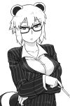  1girl animal_ears araiguma-san bespectacled breasts glasses large_breasts monochrome original pinstripe_suit pointer raccoon_ears raccoon_tail short_hair solo tail teacher tsukudani_(coke-buta) 