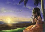  1girl beach bird black_hair blue_sky coconut_tree dress horizon long_hair ocean orange_dress original palm_tree seagull sitting sky solo sunset tree yoropa 