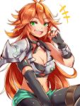  1girl breasts cleavage fangs gloves green_eyes hair_twirling loading_shovel_(ole_tower) long_hair navel ole_tower orange_hair solo 