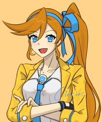  1girl :d absurdres ace_attorney athena_cykes black_gloves blue_bow blue_eyes blue_necktie bow collarbone collared_shirt crescent crescent_earrings crossed_arms earrings eyelashes ganbeijiang0314 gloves hair_between_eyes hair_bow highres jacket jewelry long_hair looking_at_viewer necklace necktie open_clothes open_jacket open_mouth orange_hair shirt side_ponytail single_earring single_glove smile solo white_shirt yellow_jacket 