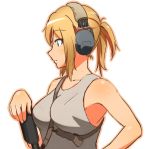  1girl ar-15 blonde_hair commentary genso headset looking_away original short_ponytail sling_(weapon) solo strap_cleavage sweatdrop white_background 