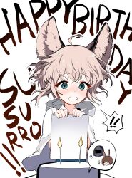  ! !! 1boy 2girls absurdres ahoge amiya_(arknights) animal_ear_fluff animal_ears arknights birthday birthday_cake blonde_hair blush brown_hair cake candle cloak closed_eyes commentary_request doctor_(arknights) english_text food fox_ears green_eyes hair_between_eyes happy_birthday highres hood hood_down hooded_cloak kinbakuman multiple_girls nose_blush open_mouth rabbit_ears short_hair smile spoken_exclamation_mark surprised sussurro_(arknights) wide-eyed 