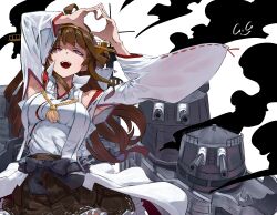  1girl absurdres breasts brown_hair detached_sleeves frilled_skirt frills gegesan hands_up heart heart-shaped_pupils highres kantai_collection kongou_(kancolle) kongou_kai_ni_(kancolle) long_hair looking_at_viewer open_mouth skirt smile solo symbol-shaped_pupils 