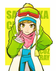  1girl artist_name bandana beanie bent_over blue_overalls bob_cut brown_hair buttons character_name coat cozray finger_to_face gloves goggles goggles_on_headwear green_coat hat light_brown_hair lips looking_at_viewer neckerchief overalls paisley persona persona_4 pink_bandana pink_neckerchief pom_pom_(clothes) pom_pom_beanie print_bandana print_neckerchief satonaka_chie ski_goggles solo winter_clothes yellow_eyes 