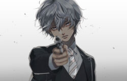  1boy aiming aiming_at_viewer black_jacket collared_shirt commission foreshortening formal gradient_background grey_eyes grey_shirt gun hair_between_eyes handgun highres holding holding_gun holding_weapon jacket kurosujuu looking_at_viewer male_focus necktie original parted_lips shirt short_hair skeb_commission solo striped_necktie upper_body weapon 