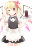  1girl alternate_costume animated animated_gif apron blonde_hair blush flandre_scarlet ice_tea maid_apron maid_headdress one_eye_closed pen-zin red_eyes solo touhou tray ugoira v white_background wings 