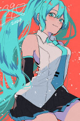  1girl 39 2024 absurdres arms_behind_back bare_shoulders black_skirt black_sleeves blue_eyes blue_hair blue_necktie breasts closed_mouth collared_shirt commentary detached_sleeves double-parted_bangs hatsune_miku highres light_blue_hair long_hair medium_breasts miku_day miniskirt necktie pleated_skirt red_background shirt sitting skirt smile solo split_mouth tian_zhu2357 twintails very_long_hair vocaloid white_shirt 