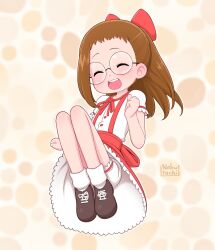  1girl bow brown_hair forehead fujiwara_hazuki glasses hair_bow high_ponytail highres jumping loli long_hair maid ojamajo_doremi pinkbunnyjuice red_bow smile 
