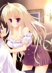  1boy 1girl absurdres blonde_hair blush breasts brown_hair candlestand cleavage detached_sleeves highres long_hair off_shoulder picture_frame straddling tsurusaki_takahiro violet_eyes 