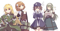  4girls absurdres bag baseball_cap blonde_hair brown_hair brown_shirt closed_eyes double_thumbs_up duel_monster exosister_elis exosister_irene exosister_sophia exosister_stella green_eyes green_shirt green_skirt grey_hair hat highres kanzakietc looking_at_viewer multiple_girls red_eyes shirt skirt smile thumbs_up violet_eyes white_background yu-gi-oh! 