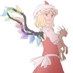  1girl animal_hug blonde_hair chupacabra creature flandre_scarlet flying_sweatdrops frilled_sleeves frills hat hat_ribbon hug lowres mefomefo mob_cap puffy_short_sleeves puffy_sleeves red_eyes ribbon short_hair short_sleeves skirt smile touhou tupai_(touhou) vest wings 