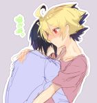  2boys ahoge black_hair blonde_hair blush hyde_(under_night_in-birth) multicolored_hair multiple_boys red_eyes seth_(under_night_in-birth) short_hair two-tone_hair under_night_in-birth yaoi yusano 