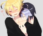  2boys ahoge biting black_hair blonde_hair blush closed_eyes fang full-face_blush heart heart-shaped_pupils hyde_(under_night_in-birth) multicolored_hair multiple_boys neck_biting one_eye_closed red_eyes seth_(under_night_in-birth) short_hair symbol-shaped_pupils tears trembling two-tone_hair under_night_in-birth white_hair wince yaoi yusano 