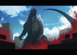  blue_sky building claws colored_smoke comiket_104 fangs giant giant_monster godzilla godzilla_(series) godzilla_singular_point godzilla_ultima kaiju monster monster_focus no_humans scales sharp_teeth sky smoke spikes spines suttoko tail teeth very_long_tail 