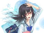  1girl 2d :d arm_up bag black_hair bow brown_eyes bust collarbone glasses long_hair looking_at_viewer open_mouth original red-framed_glasses school_bag school_uniform smile solo 