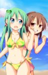  2girls alternate_hairstyle alternate_headwear bikini blush breasts brown_eyes brown_hair cleavage clenched_hand d: evil_grin evil_smile frog_hair_ornament front-tie_top green_eyes green_hair grin hair_ornament hairpin hakurei_reimu kochiya_sanae mound_of_venus multiple_girls navel nitizyo open_mouth ponytail side-tie_bikini smile swimsuit touhou twintails yin_yang 