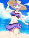  1girl bare_shoulders barefoot beach bikini blue_eyes breasts cleavage collarbone fairy_tail happy hat highres large_breasts lisanna_strauss looking_at_viewer midriff navel ocean open_mouth short_hair silver_hair solo swimsuit 