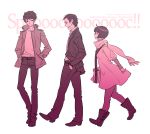  1girl 2boys boots formal glasses haraguchi_jin jacket katayama_yoriko monochrome multiple_boys nika pantyhose scarf spooc! 