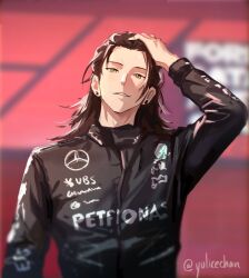  1boy black_hair black_jumpsuit brown_eyes earrings getou_suguru hand_in_own_hair highres jewelry jujutsu_kaisen jumpsuit long_hair looking_at_viewer racing_suit yulicechan 