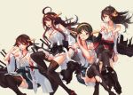  4girls ahoge bare_shoulders black_hair boots brown_hair covering covering_breasts detached_sleeves doomfest double_bun glasses hairband haruna_(kantai_collection) headgear hiei_(kantai_collection) japanese_clothes kantai_collection kirishima_(kantai_collection) kongou_(kantai_collection) long_hair multiple_girls nontraditional_miko open_clothes revision short_hair thigh-highs thigh_boots torn_clothes torn_thighhighs 
