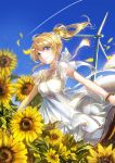  1girl arms_at_sides ayase_eli blonde_hair blue_eyes bow breasts cleavage collarbone dress flower hair_bow long_hair looking_at_viewer love_live!_school_idol_project outdoors ponytail short_sleeves solo sunflower vima white_dress 