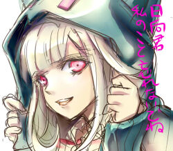  1girl :d animal_ears brown_hair danganronpa_(series) danganronpa_2:_goodbye_despair fake_animal_ears green_jacket grey_background hood hood_up hooded_jacket jacket long_sleeves michel nanami_chiaki pink_eyes sketch sleeves_past_wrists smile solo teeth upper_teeth_only 