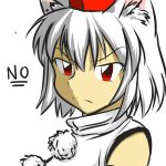  1girl angry animal_ears bare_shoulders bwsnowy hat inubashiri_momiji looking_at_viewer pom_pom_(clothes) red_eyes short_hair silver_hair simple_background solo tokin_hat touhou white_background wolf_ears 