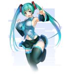  1girl \m/ alternate_breast_size aqua_eyes aqua_hair breasts detached_sleeves hatsune_miku headset km_(nijie104352) large_breasts long_hair navel necktie open_mouth panties sideboob skirt solo striped striped_panties thigh-highs twintails underwear upskirt very_long_hair vocaloid 