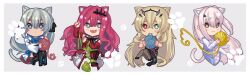  4girls akio_(akio1124) animal_ears baobhan_sith_(fate) baobhan_sith_(first_ascension)_(fate) barghest_(fate) barghest_(second_ascension)_(fate) black_dress blonde_hair blue_dress blue_eyes blush boots cat_ears cat_tail chibi chibi_only detached_sleeves dress fate/grand_order fate_(series) green_eyes grey_eyes hands_up heterochromia highres long_hair looking_at_viewer melusine_(fate) melusine_(second_ascension)_(fate) morgan_le_fay_(fate) multiple_girls pink_hair red_dress red_eyes sitting smile sweat tail thigh_boots white_dress white_hair wide_sleeves yarn yarn_ball yellow_eyes 