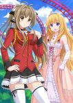  2girls amagi_brilliant_park blonde_hair blush brown_hair clouds cowboy_shot dress elbow_gloves gloves hand_on_hip hand_on_own_chest highres impossible_clothes jewelry kazenokaze latifa_fleuranza long_hair multiple_girls necklace pink_dress ponytail roller_coaster sento_isuzu skirt sky uniform very_long_hair yellow_eyes 