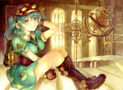  1girl belt blue_eyes blue_hair boots breasts brown_gloves chandelier color_ink_(medium) cross-laced_footwear dress gears gloves goggles goggles_on_hat goggles_on_head hair_bobbles hair_ornament hand_on_head hat kawashiro_nitori keiko_(mitakarawa) key lace-up_boots looking_at_viewer machinery short_hair short_sleeves sitting skirt skirt_set smile solo stairs steampunk touhou traditional_media twintails utility_belt wrench 