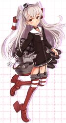  1girl amatsukaze_(kantai_collection) brown_eyes dress hair_tubes kantai_collection long_hair rensouhou-kun sailor_collar silver_hair striped striped_legwear telaform thigh-highs twintails 