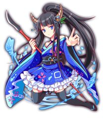  1girl anime_coloring aqua_ribbon artist_request bare_shoulders black_footwear black_hair black_sash black_thighhighs blue_eyes blue_kimono blue_theme blunt_bangs bow collarbone crash_fever criss-cross_halter criss-cross_straps dot_nose expressionless eyelashes floral_print_bow floral_print_kimono floral_print_sleeves flower_knot frilled_kimono frills frown full_body furisode_sleeves game_cg hair_bow hair_ornament hair_ribbon half_updo halterneck high_ponytail holding holding_polearm holding_weapon horns japanese_clothes kimono kimono_dress kneeling leaf leaf_hair_ornament long_hair number_print numbered obi obijime official_art outline outstretched_arm polearm print_bow print_kimono print_sleeves red_outline ribbon sash sidelocks solo spear square square_print tabi tachi-e thigh-highs third-party_source tomoe_(crash_fever) transparent_background very_long_hair very_long_sidelocks water_drop water_drop_print weapon wide_sleeves yari yellow_horns 