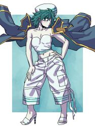  1girl absurdres alternate_costume black_coat coat coat_on_shoulders eddybird55555 green_eyes green_hair hand_on_own_hip hat high_heels highres looking_at_viewer midriff murasa_minamitsu pale_skin pants photo-referenced sailor_hat solo strapless touhou tube_top white_pants white_tube_top 