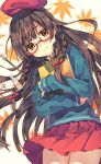  1girl brown_hair glasses leaf long_hair looking_at_viewer natsu_natsuna oekaki_musume original paintbrush skirt smile solo very_long_hair 