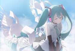  1girl absurdres aqua_hair aqua_necktie arm_tattoo bare_shoulders birthday black_skirt black_sleeves blue_sky chromatic_aberration closed_eyes closed_mouth clouds collared_shirt commentary frilled_shirt_collar frills hair_between_eyes hatsune_miku hatsune_miku_happy_16th_birthday_-dear_creators- headphones highres light_smile long_sleeves microphone moonlightlight necktie palette_(object) paper petticoat pleated_skirt scissors see-through see-through_sleeves shirt skirt sky solo tattoo tie_clip twintails twitter_username vocaloid white_shirt 