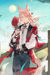  1boy animal_ear_fluff animal_ears artist_name bead_bracelet beads belt black_belt black_gloves blue_pants blue_ribbon blue_sky bracelet cape chinese_clothes closed_mouth clouds commentary cowboy_shot day feather_fan floating_hair fox_boy fox_ears fox_tail gloves hair_between_eyes hair_ornament hair_stick hand_fan hand_up highres holding holding_fan honkai:_star_rail honkai_(series) jewelry jiaoqiu_(honkai:_star_rail) lirisy long_hair long_sleeves looking_at_viewer male_focus mandarin_collar o-ring o-ring_belt o-ring_thigh_strap outdoors pants parted_bangs pink_hair railing red_cape ribbon shirt sidelocks sky smile solo standing symbol-only_commentary tail tassel thigh_strap twitter_username white_shirt wooden_railing yellow_eyes 