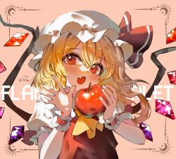  1girl absurdres apple ascot blonde_hair blush bow character_name collared_shirt commentary crystal fang flandre_scarlet food frilled_cuffs frilled_hat frilled_sleeves frills fruit hat hat_bow highres holding holding_food holding_fruit mob_cap multicolored_wings one_side_up pink_background puffy_short_sleeves puffy_sleeves red_bow red_eyes red_vest shirt short_sleeves skin_fang solo touhou upper_body vest white_hat wings wrist_cuffs ycl_090 yellow_ascot 