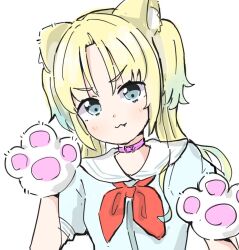  1girl :3 animal_collar animal_ears animal_hands blonde_hair blue_eyes blue_hair closed_mouth collar commentary_request dog_ears dog_girl dog_paws fang fang_out gloves gradient_hair harino_(love_live!) kemonomimi_mode light_blue_hair light_blush link!_like!_love_live! long_hair looking_at_viewer love_live! multicolored_hair osawa_rurino parted_bangs paw_gloves pink_collar simple_background solo tazaki_masanobu twintails upper_body virtual_youtuber white_background 