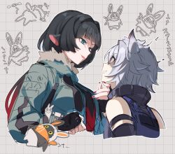  1boy 1girl animal_ears black_gloves black_hair blunt_bangs cat_boy cat_ears closed_mouth eous_(zenless_zone_zero) eye_contact fingerless_gloves fingernails gloves green_eyes hair_between_eyes jane_doe_(zenless_zone_zero) looking_at_another mm_(motot) mouse_ears mouse_girl multicolored_hair nail_polish open_mouth redhead seth_lowell short_hair sidelocks smile sweatdrop teeth two-tone_hair upper_body zenless_zone_zero 