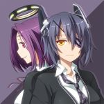 2girls back-to-back blue_hair bust cardigan eyepatch headgear kantai_collection looking_at_viewer mechanical_halo multiple_girls necktie purple_hair short_hair smile tatsuta_(kantai_collection) tenryuu_(kantai_collection) umekichi violet_eyes yellow_eyes 