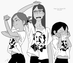  3girls asakusa_midori asymmetrical_bangs black_hair commentary copyright_name covering_own_mouth eizouken_ni_wa_te_wo_dasu_na! freckles glasses greyscale kanamori_sayaka long_hair matahei mizusaki_tsubame monochrome multiple_girls navel open_mouth print_shirt shirt short_hair signature simple_background white_shirt 