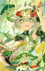  1girl :d absurdres aranara_(genshin_impact) bird commission cross-shaped_pupils dress facing_viewer flower flower_wreath genshin_impact green_background green_eyes green_sleeves hair_ornament hand_up head_wreath highres leaf_hair_ornament looking_to_the_side meiyou_lizhi nahida_(genshin_impact) pointy_ears red_flower sample_watermark side_ponytail sitting smile solo swing symbol-shaped_pupils upper_body watermark white_dress white_hair yellow_flower 